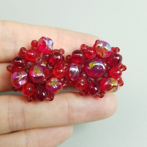 Vintage Jewelry - Vintage Retro Red Glass Beaded Cluster Clip On Earrings, Made in West Germany